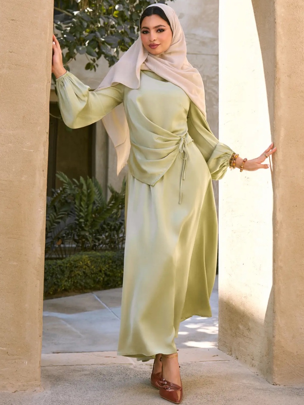 NWT CIDER SATIN BOAT NECK LANTERN SLEEVE ASYMMETRICAL MAXI DRESS